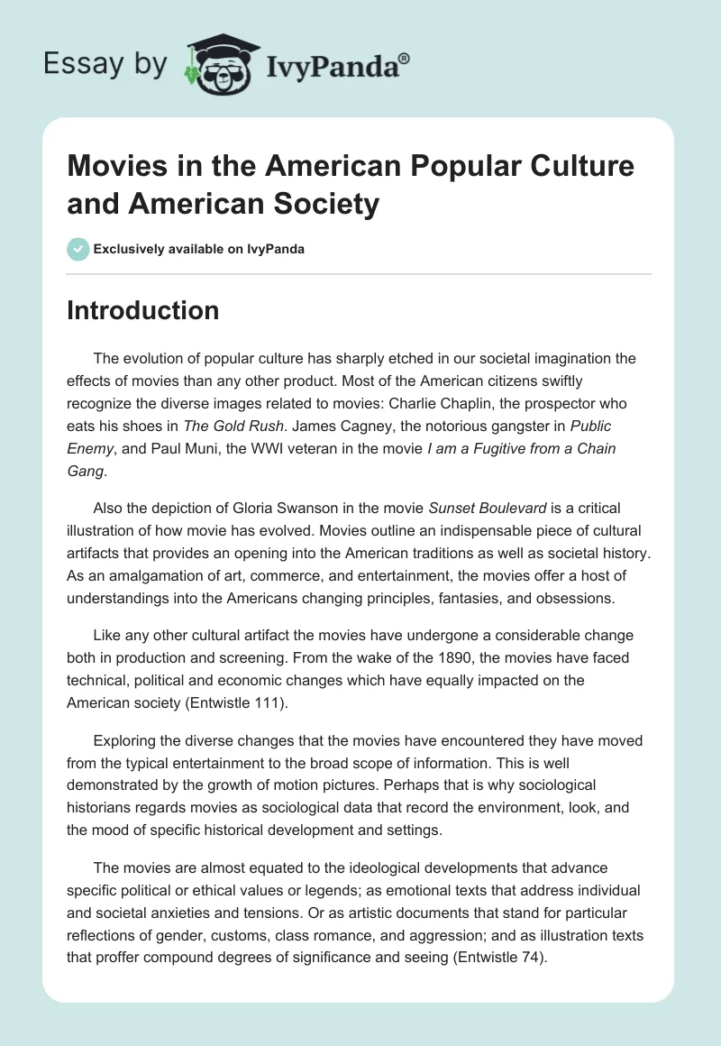 Movies in the American Popular Culture and American Society. Page 1