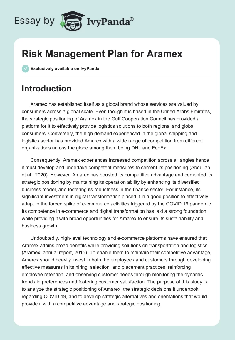 Risk Management Plan for Aramex. Page 1