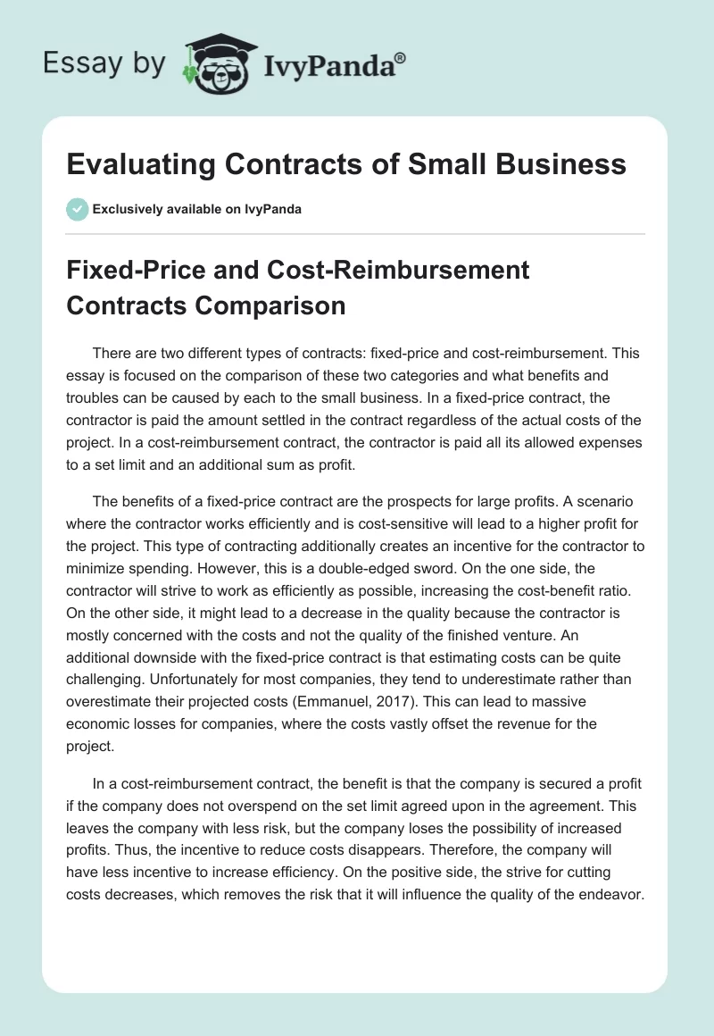 Evaluating Contracts of Small Business. Page 1