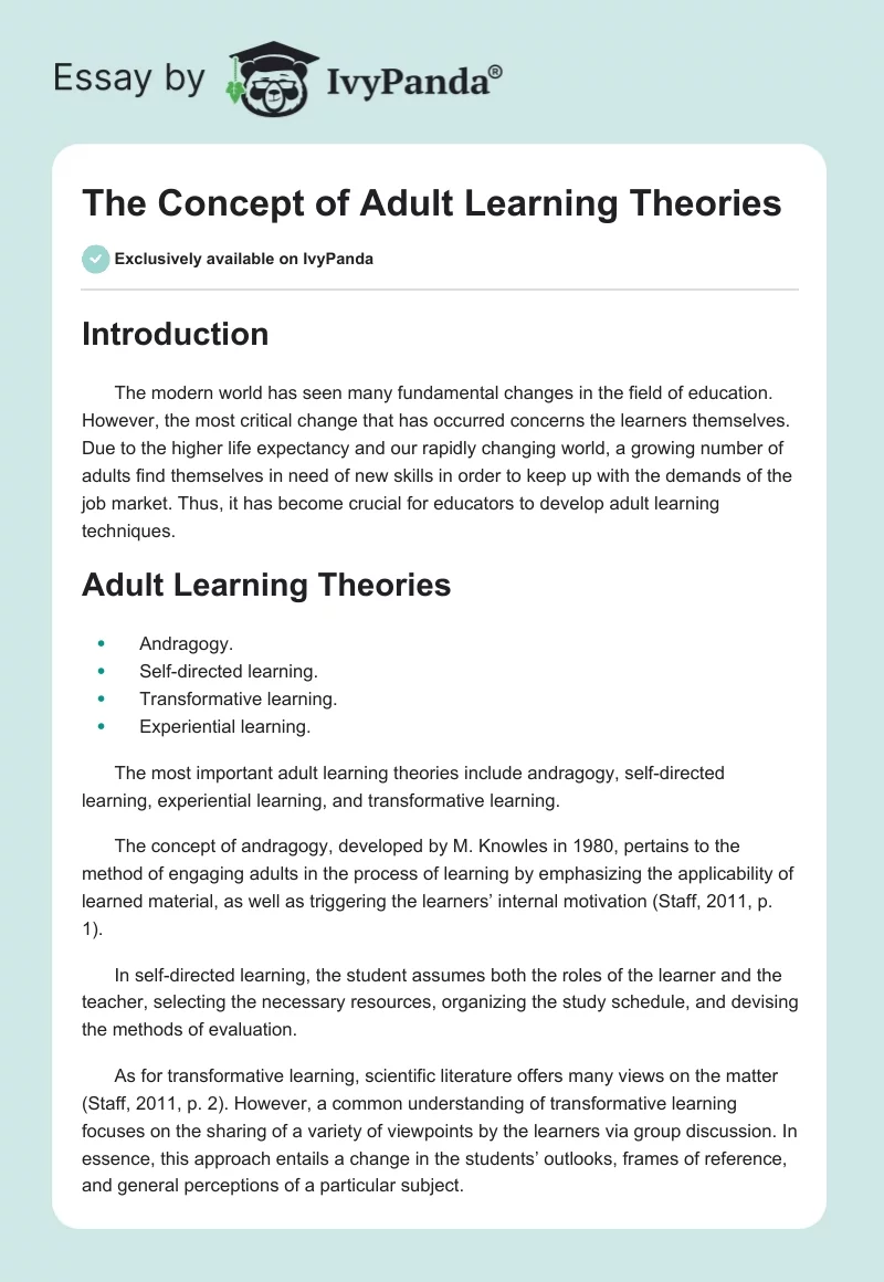 The Concept of Adult Learning Theories. Page 1