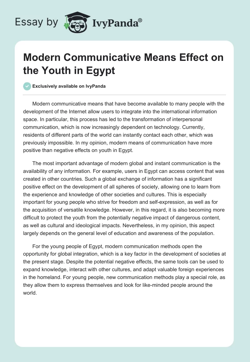 Modern Communicative Means Effect on the Youth in Egypt. Page 1