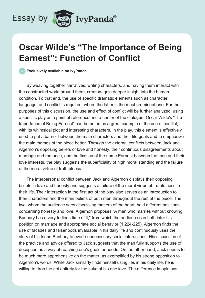 Oscar Wilde’s “The Importance of Being Earnest”: Function of Conflict. Page 1