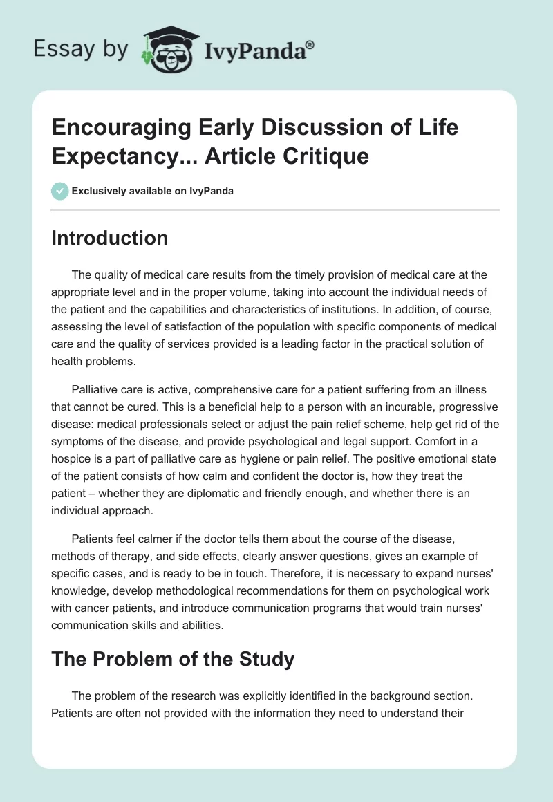 "Encouraging Early Discussion of Life Expectancy..." Article Critique. Page 1