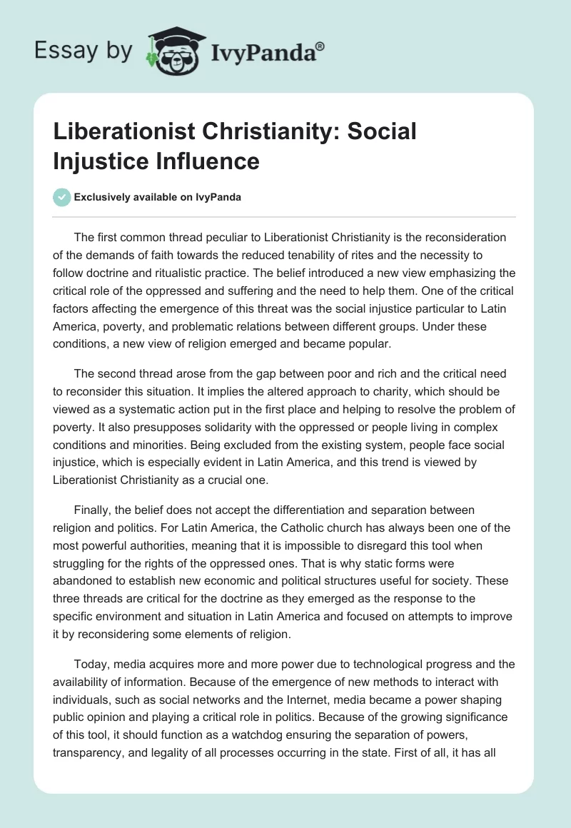 Liberationist Christianity: Social Injustice Influence. Page 1