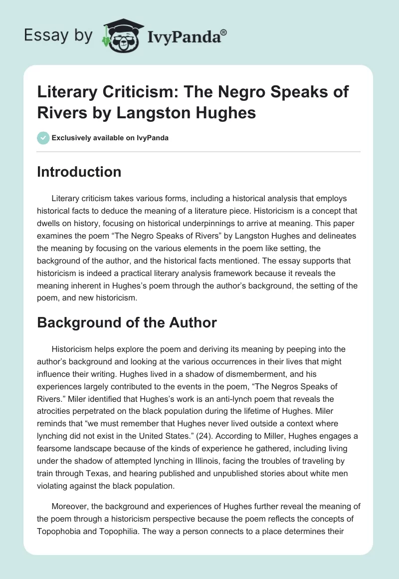 Literary Criticism: The Negro Speaks of Rivers by Langston Hughes. Page 1