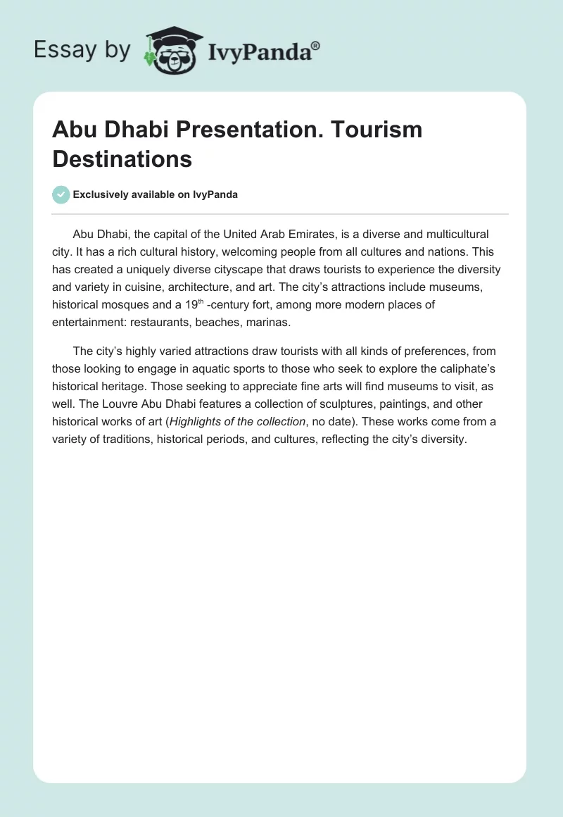Abu Dhabi Presentation. Tourism Destinations. Page 1