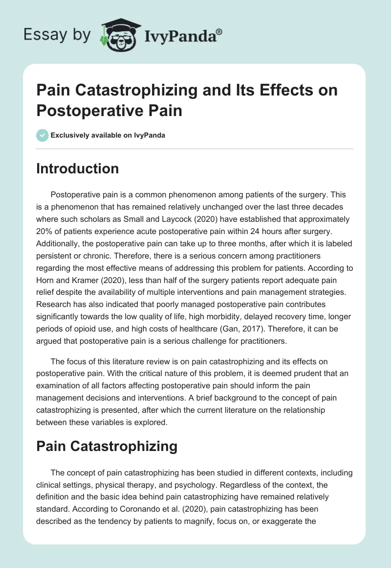 Pain Catastrophizing and Its Effects on Postoperative Pain. Page 1