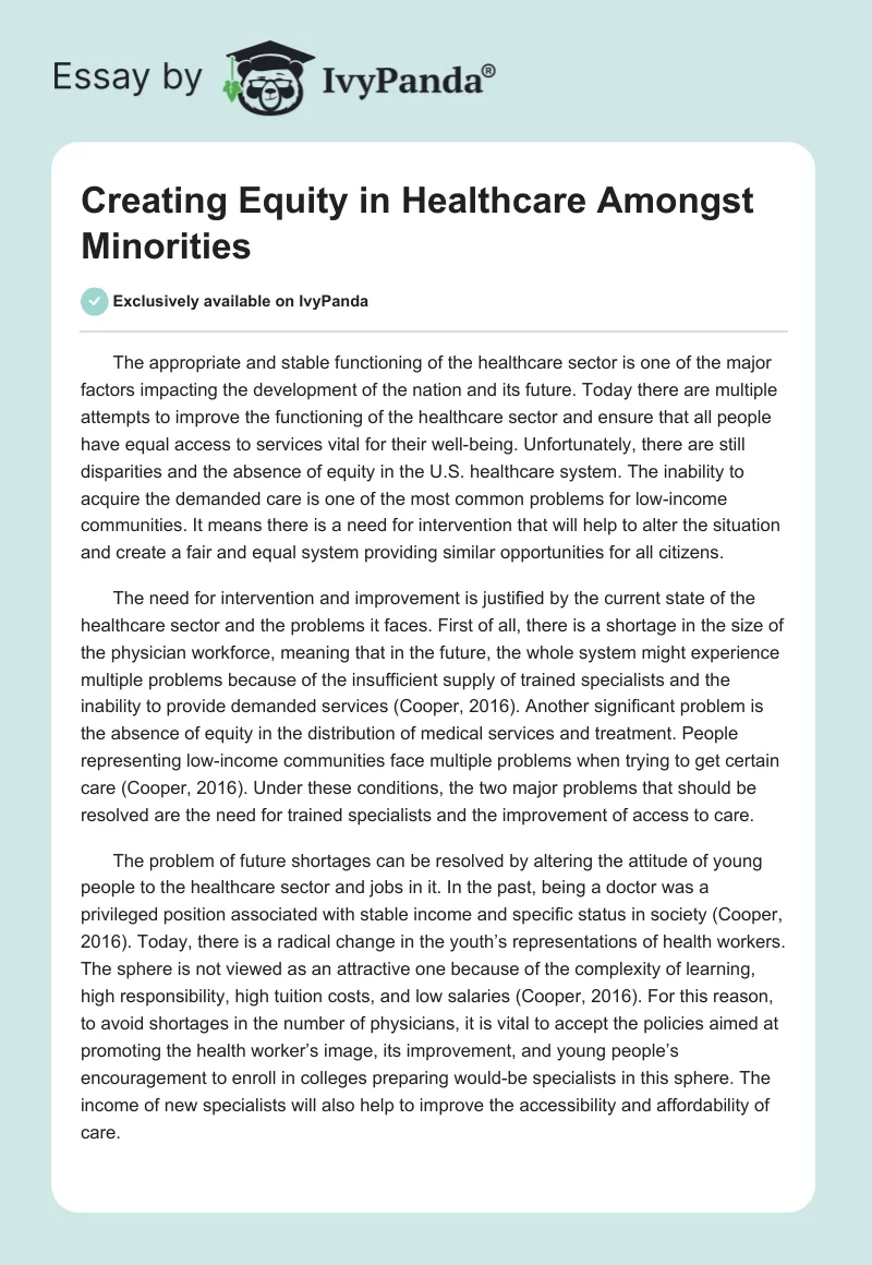 Creating Equity in Healthcare Amongst Minorities. Page 1