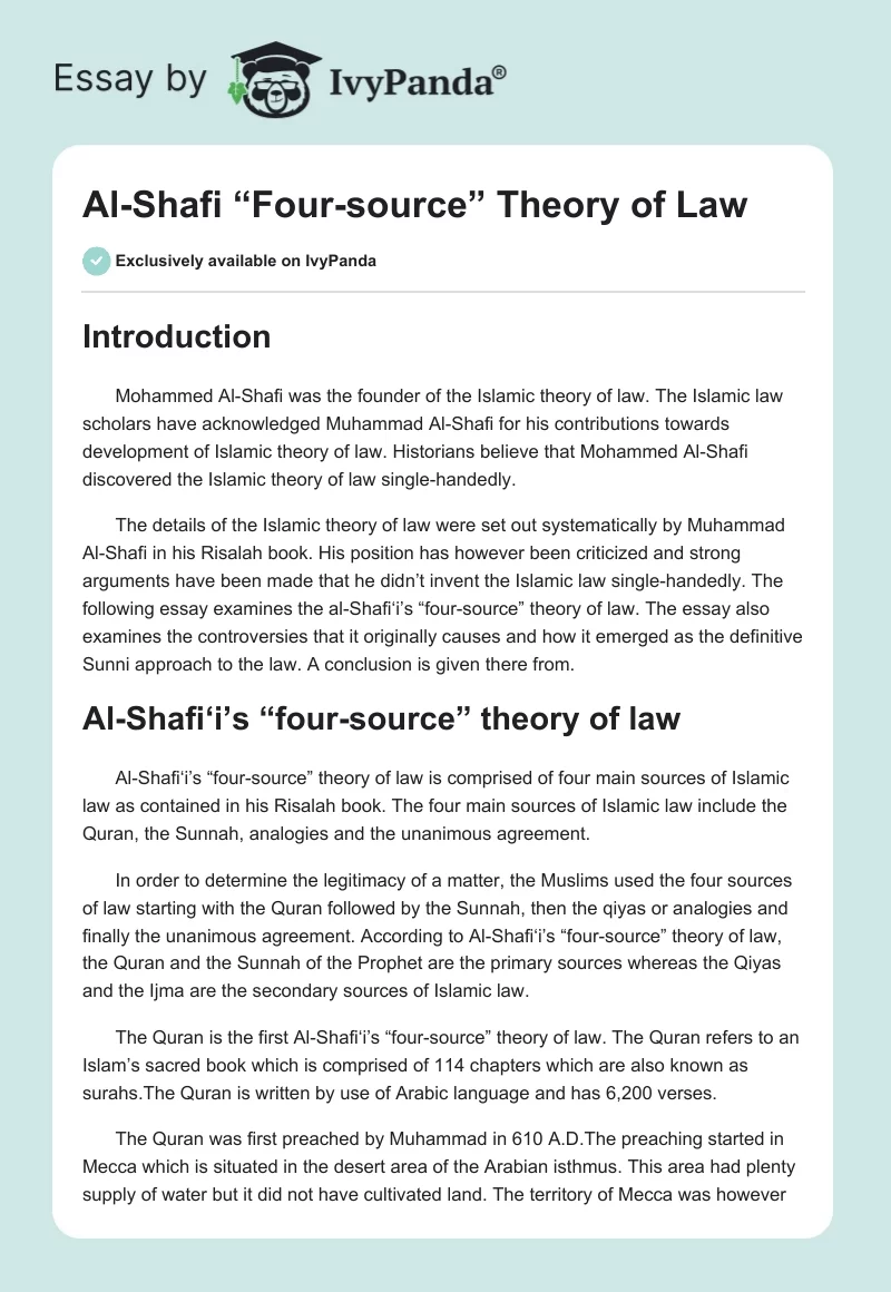 Al-Shafi “Four-source” Theory of Law. Page 1