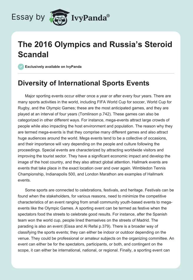 The 2016 Olympics and Russia’s Steroid Scandal. Page 1