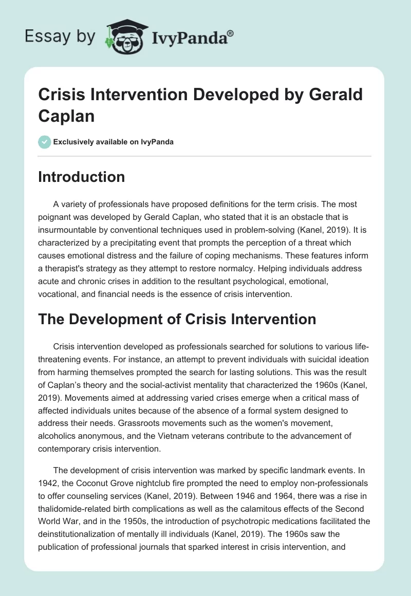 Crisis Intervention Developed by Gerald Caplan. Page 1