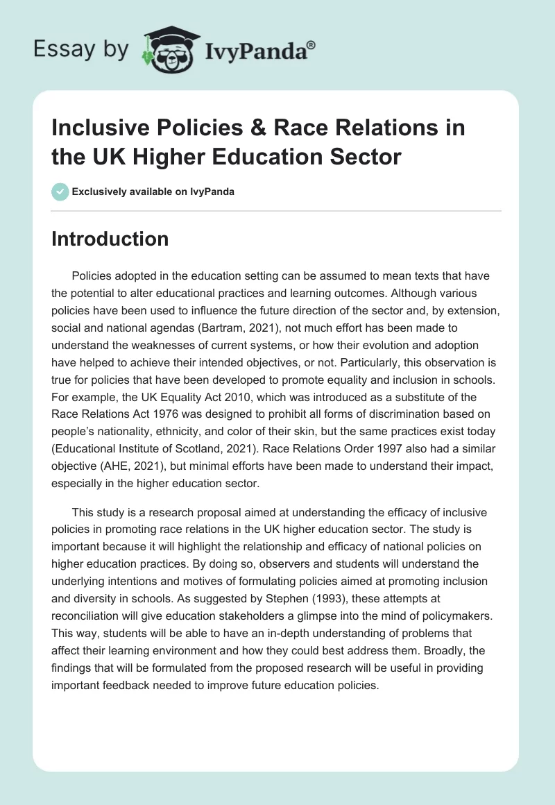 Inclusive Policies & Race Relations in the UK Higher Education Sector. Page 1