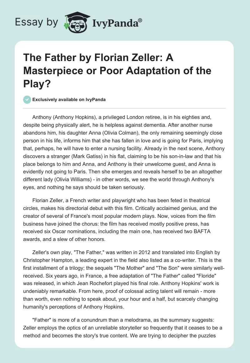 The Father by Florian Zeller: A Masterpiece or Poor Adaptation of the Play?. Page 1