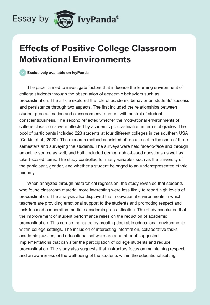 Effects of Positive College Classroom Motivational Environments. Page 1