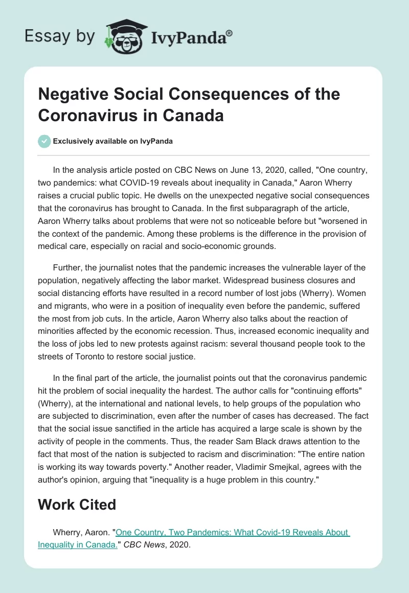 Negative Social Consequences of the Coronavirus in Canada. Page 1