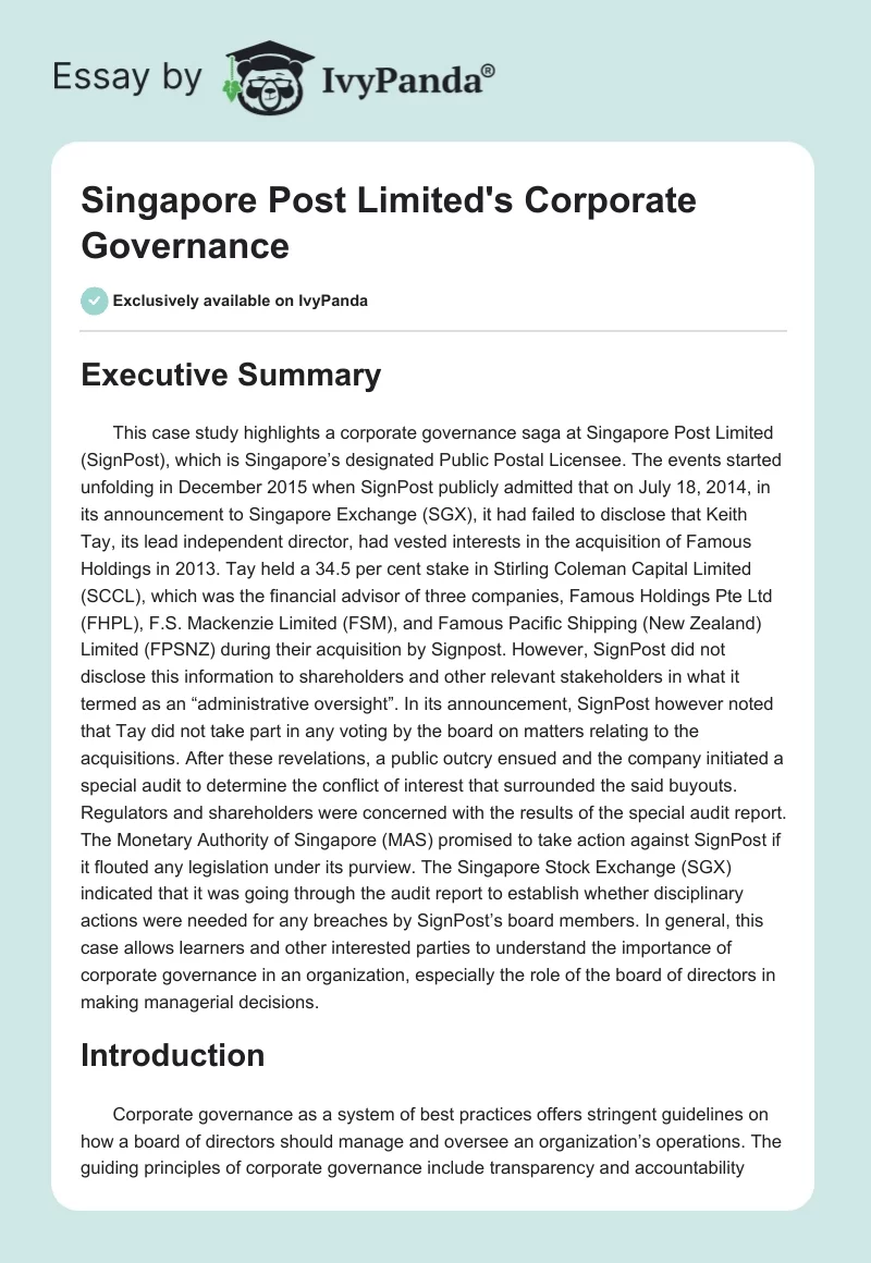 Singapore Post Limited's Corporate Governance. Page 1