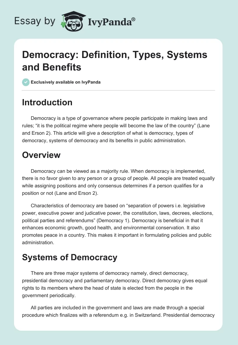 Democracy: Definition, Types, Systems and Benefits. Page 1