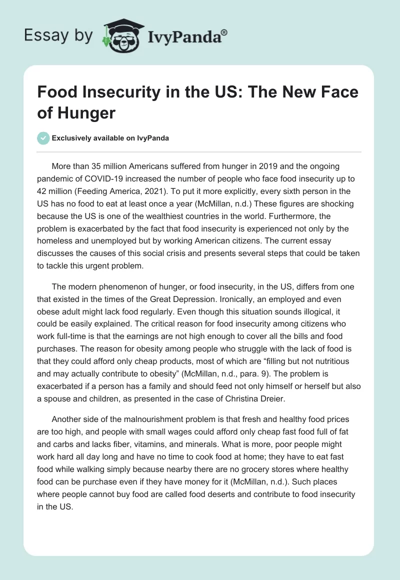 Food Insecurity in the US: The New Face of Hunger. Page 1