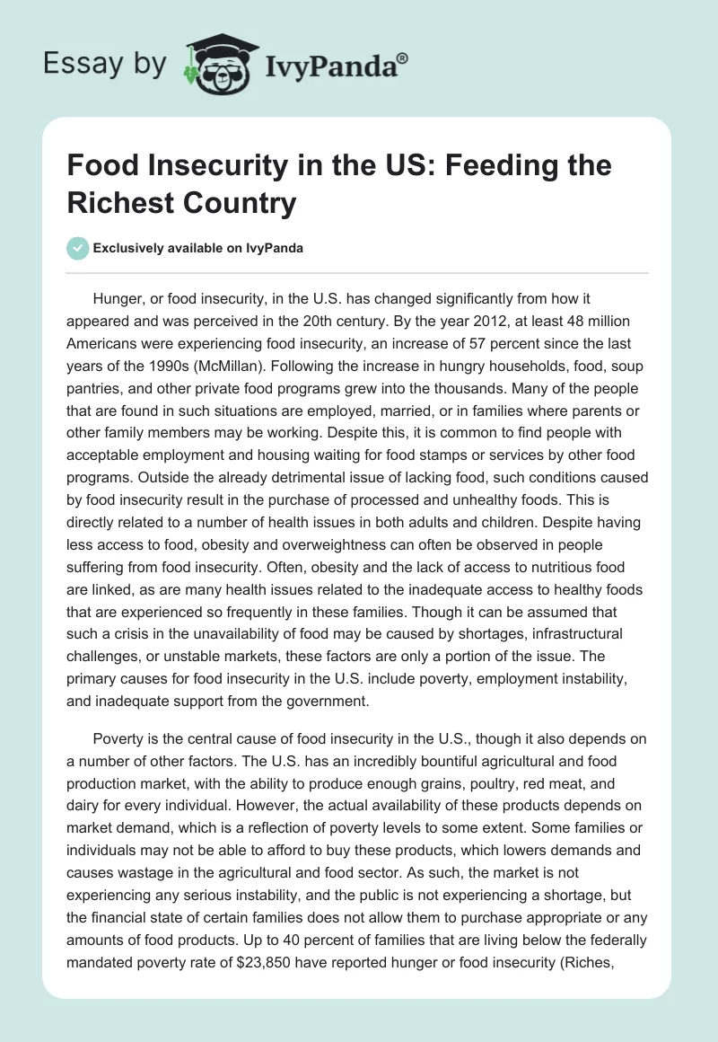 Food Insecurity in the US: Feeding the Richest Country. Page 1