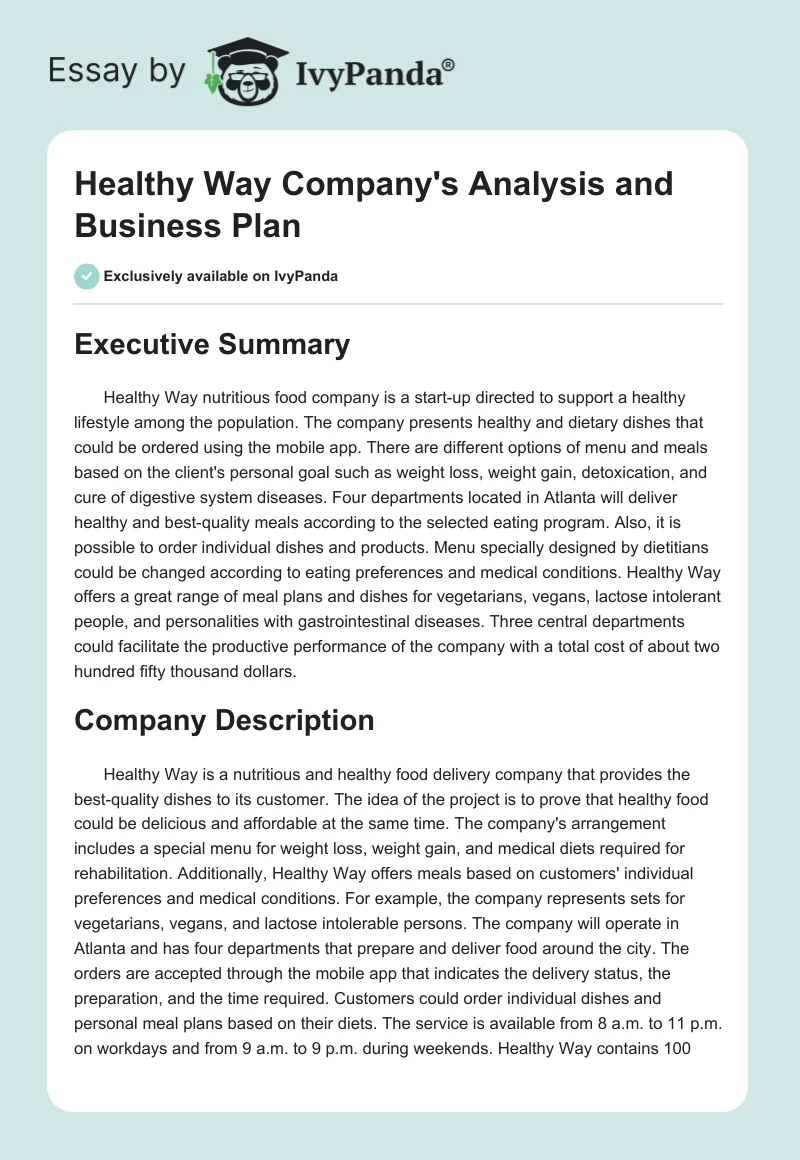 Healthy Way Company's Analysis and Business Plan. Page 1