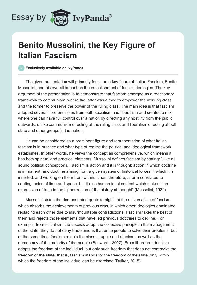 Benito Mussolini, the Key Figure of Italian Fascism. Page 1