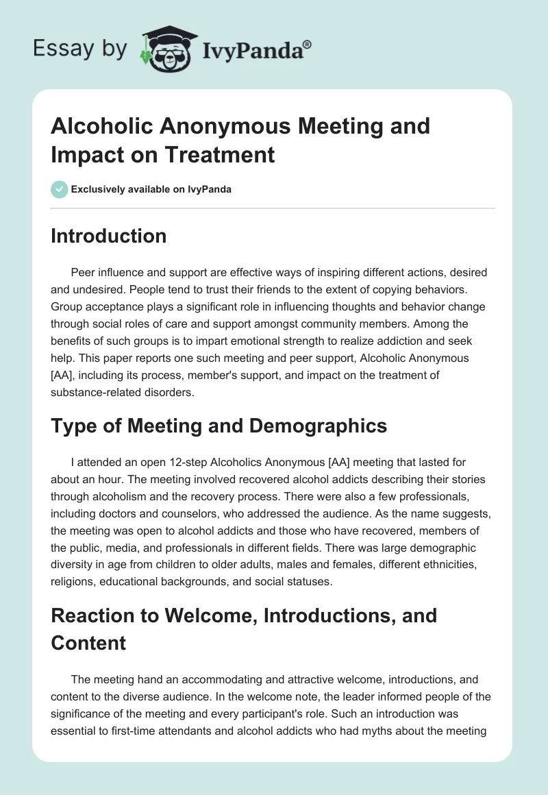 Alcoholic Anonymous Meeting and Impact on Treatment. Page 1