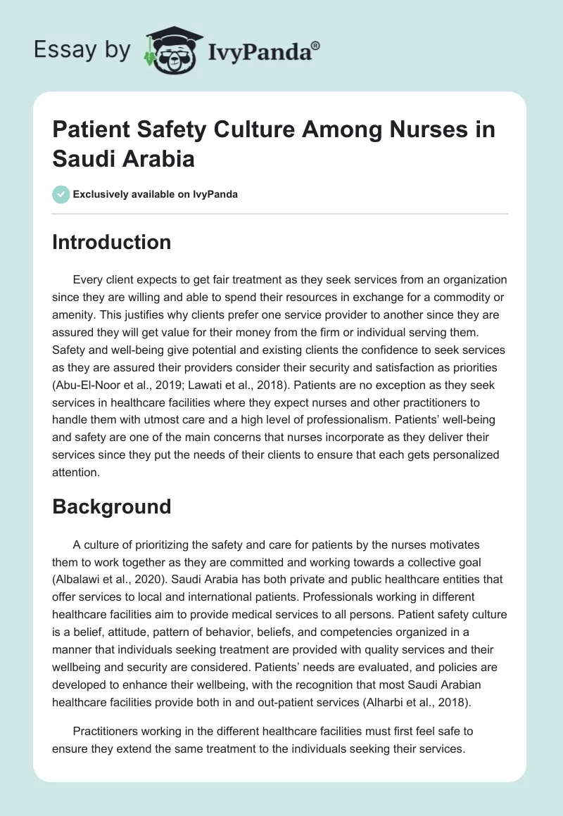 Patient Safety Culture Among Nurses in Saudi Arabia. Page 1