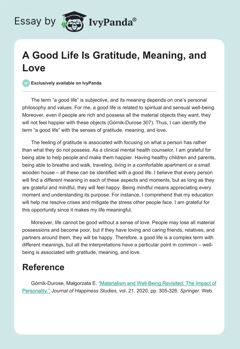 A Good Life Is Gratitude, Meaning, and Love. Page 1
