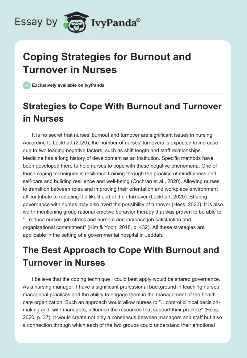 Coping Strategies for Burnout and Turnover in Nurses. Page 1