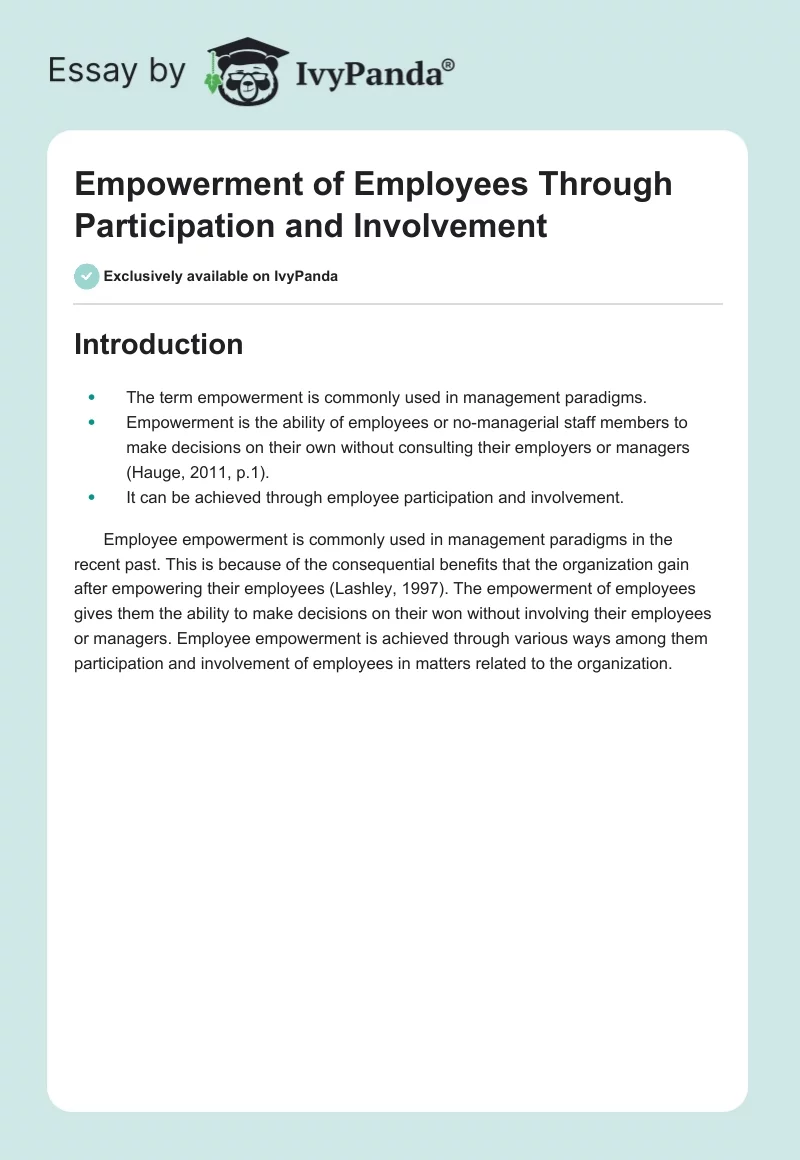 Empowerment of Employees Through Participation and Involvement. Page 1