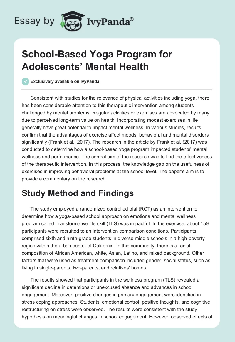 School-Based Yoga Program for Adolescents’ Mental Health. Page 1