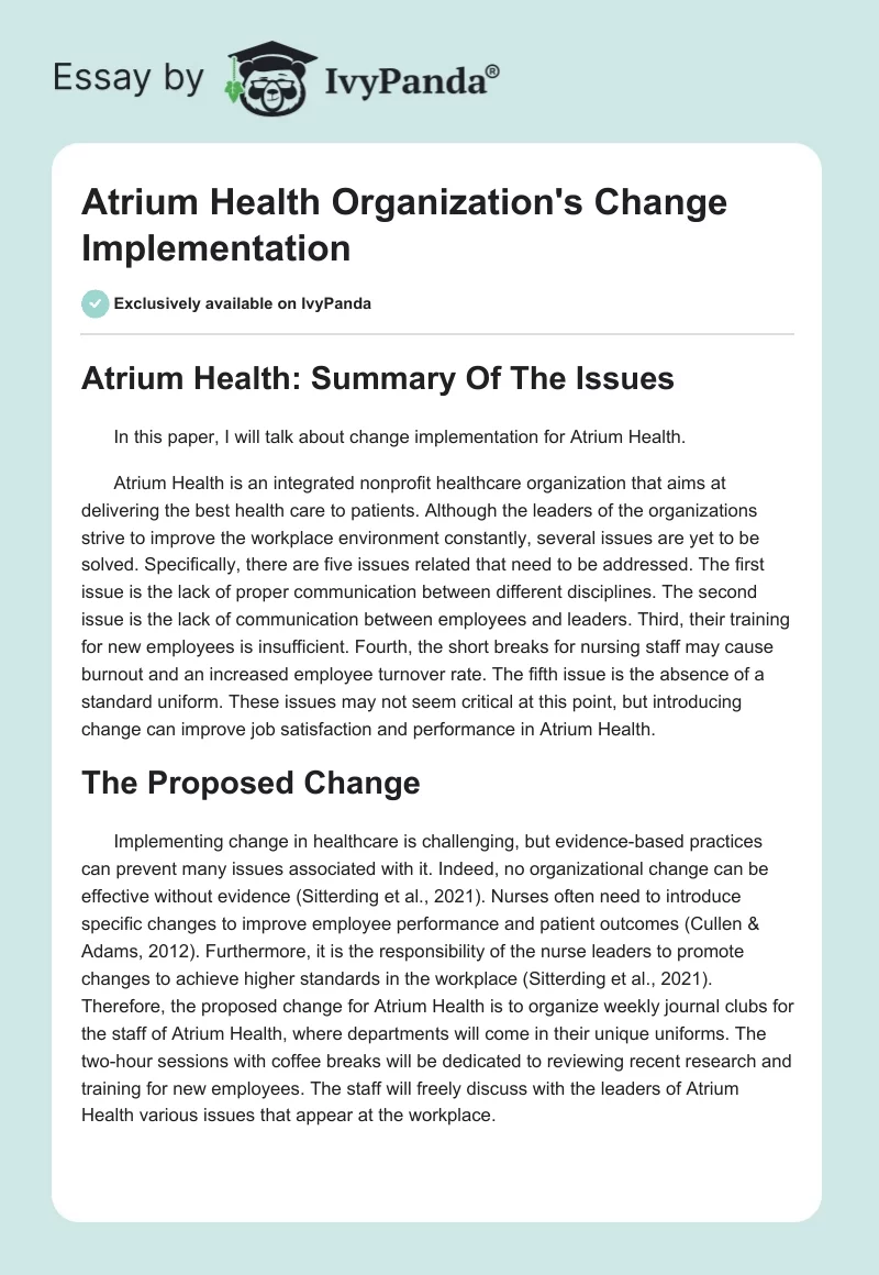 Atrium Health Organization's Change Implementation. Page 1