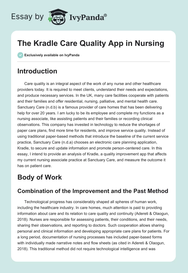 The Kradle Care Quality App in Nursing. Page 1