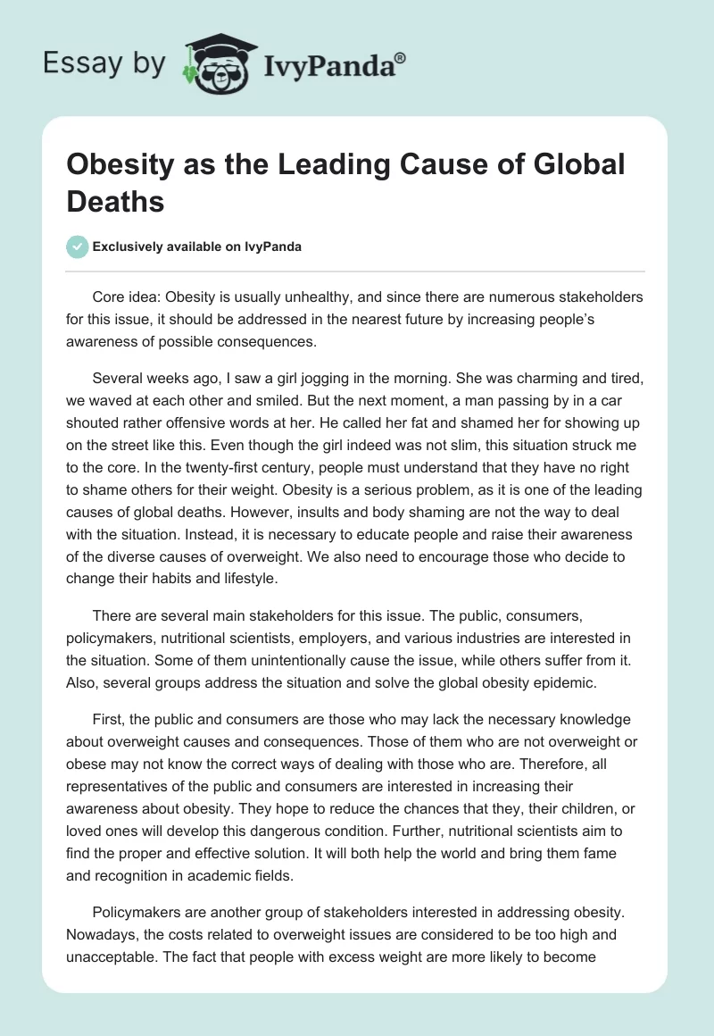 Obesity as the Leading Cause of Global Deaths. Page 1