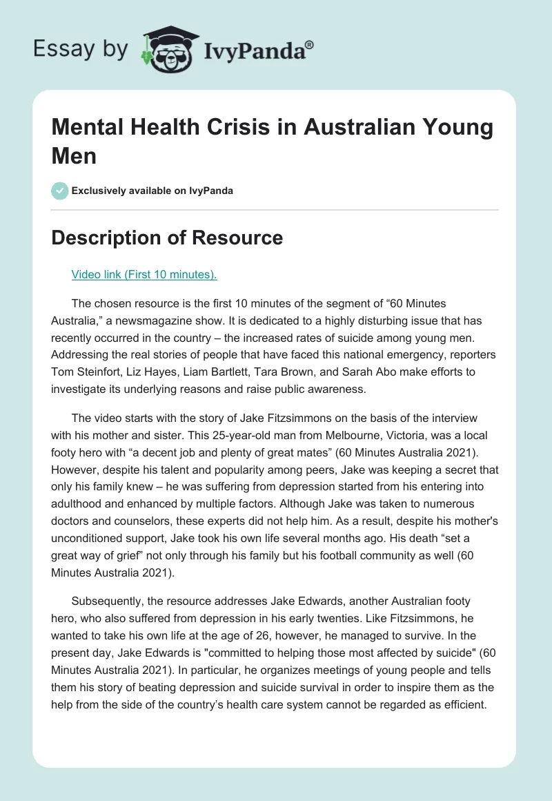 Mental Health Crisis in Australian Young Men. Page 1