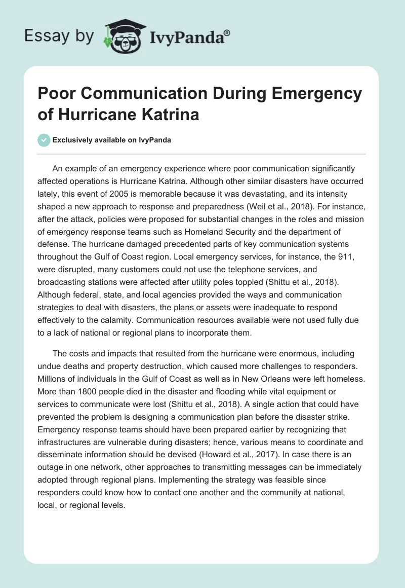 Poor Communication During the Emergency of Hurricane Katrina. Page 1