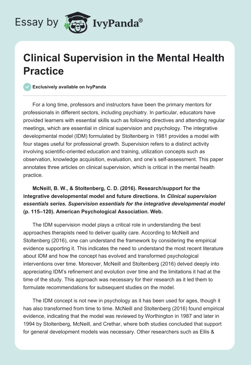 Clinical Supervision in the Mental Health Practice. Page 1