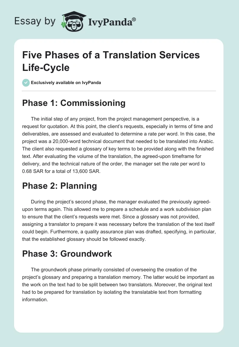 Five Phases of a Translation Services Life-Cycle. Page 1