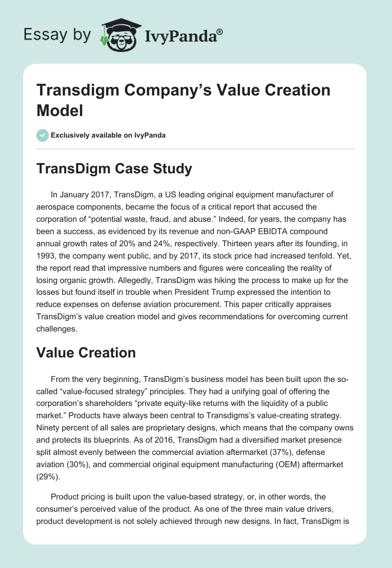 Transdigm Company’s Value Creation Model. Page 1