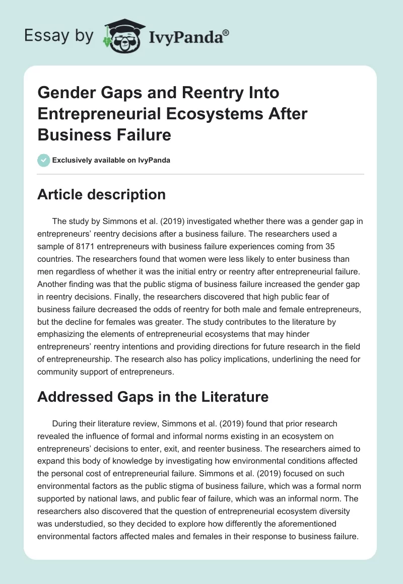 Gender Gaps and Reentry Into Entrepreneurial Ecosystems After Business Failure. Page 1
