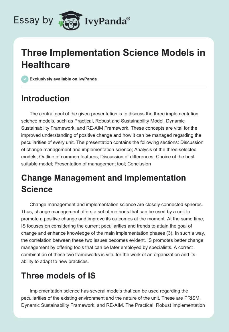 Three Implementation Science Models in Healthcare. Page 1