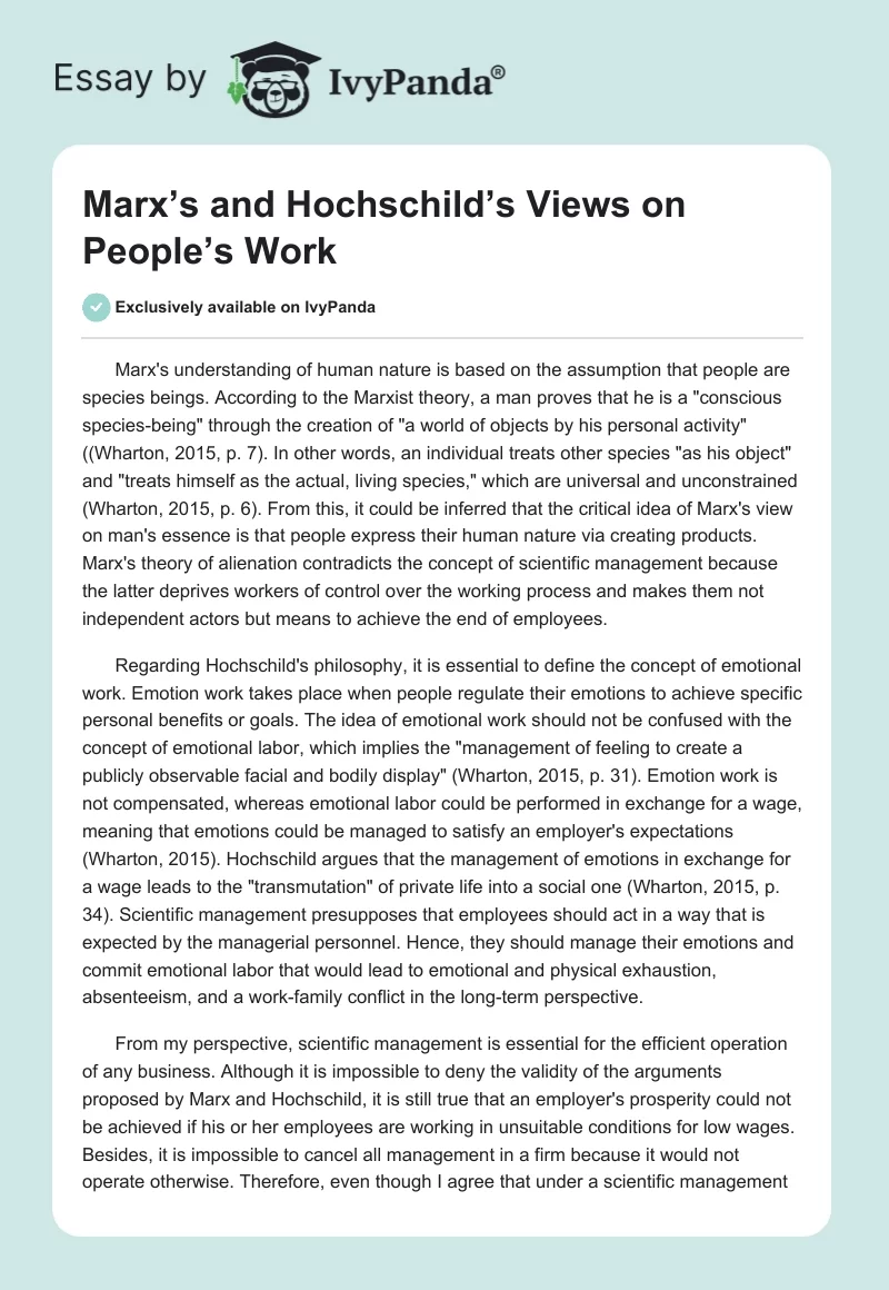 Marx’s and Hochschild’s Views on People’s Work. Page 1