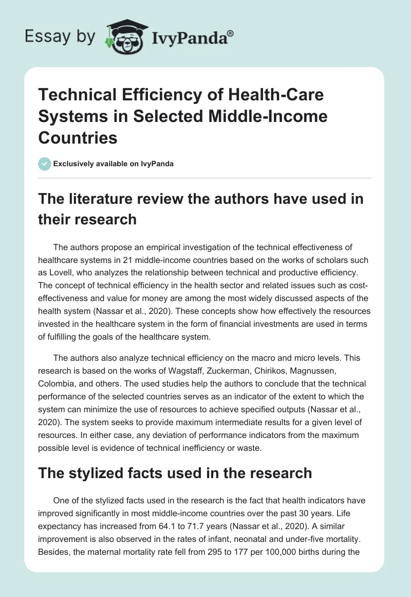 Technical Efficiency of Health-Care Systems in Selected Middle-Income Countries. Page 1