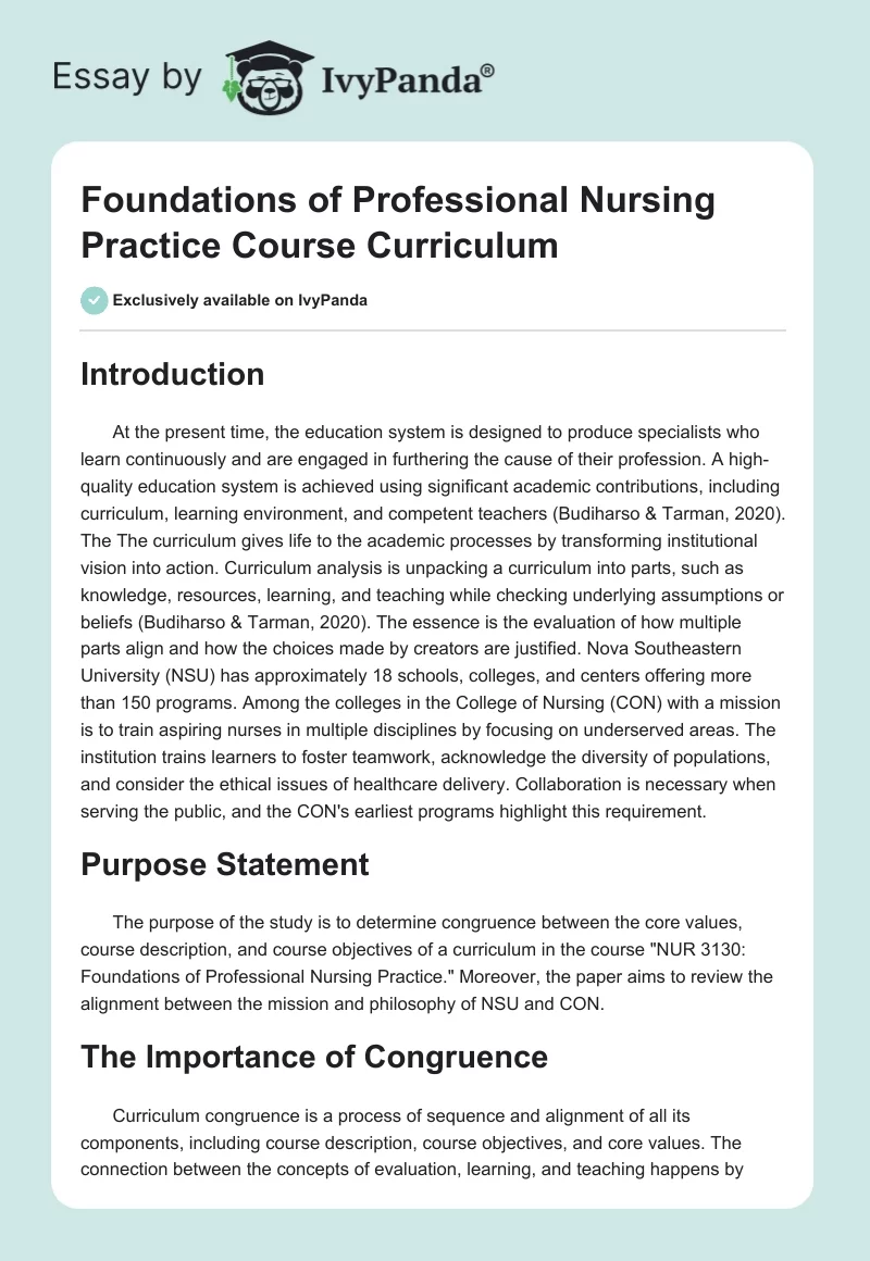 Foundations of Professional Nursing Practice Course Curriculum. Page 1