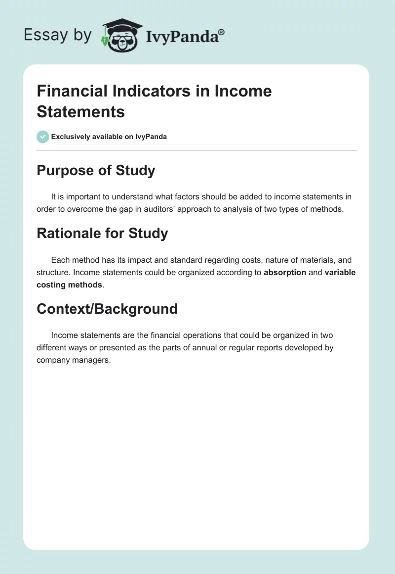 Financial Indicators in Income Statements. Page 1