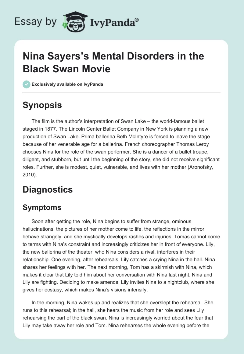 Nina Sayers’s Mental Disorders in the Black Swan Movie. Page 1