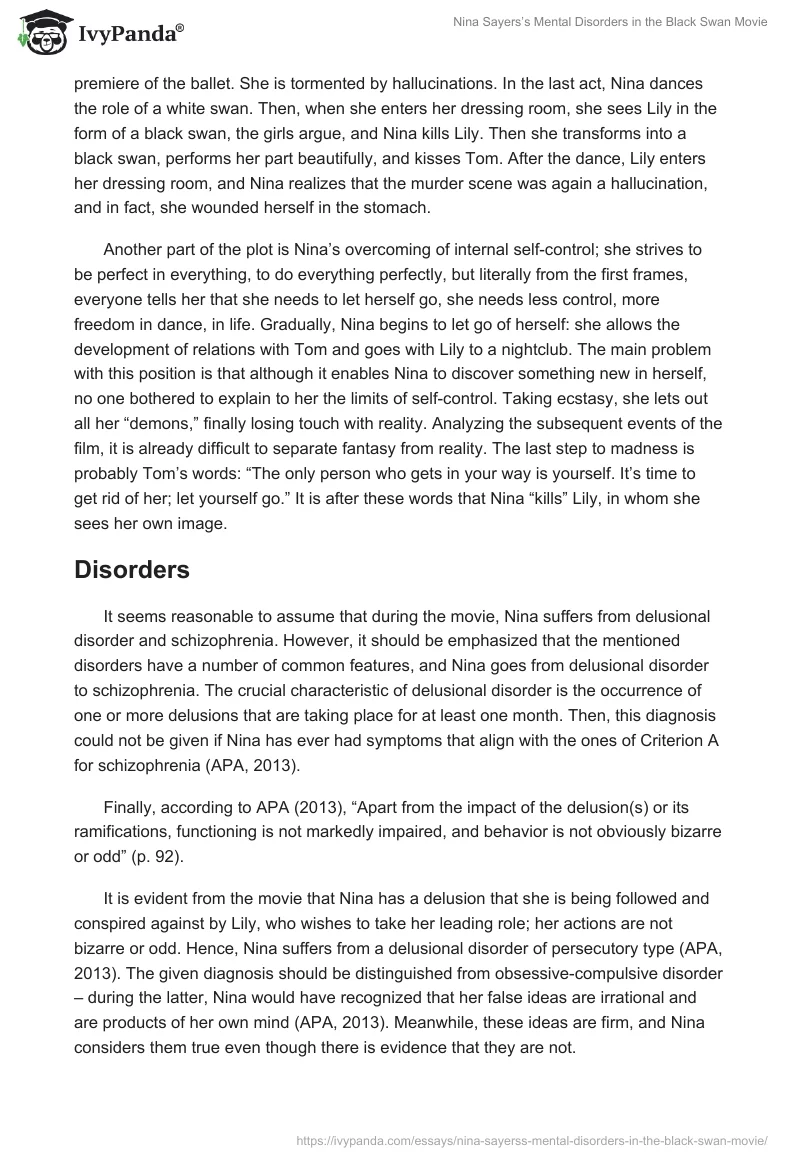 Nina Sayers’s Mental Disorders in the Black Swan Movie. Page 2