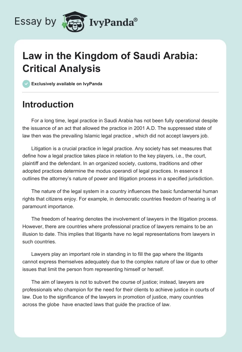 Law in the Kingdom of Saudi Arabia: Critical Analysis. Page 1