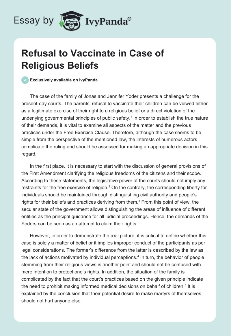 Refusal to Vaccinate in Case of Religious Beliefs. Page 1