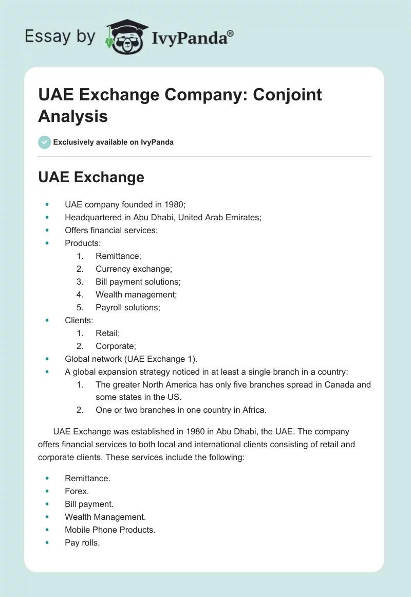 UAE Exchange Company: Conjoint Analysis. Page 1